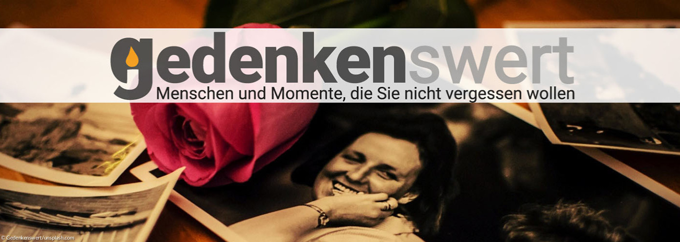 Logo Gedenkenswert mit Rose und Foto mit Frau 